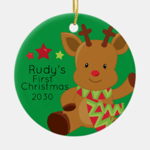 Personalized Baby Rudolph Reindeer 1st Christmas Ceramic Ornament