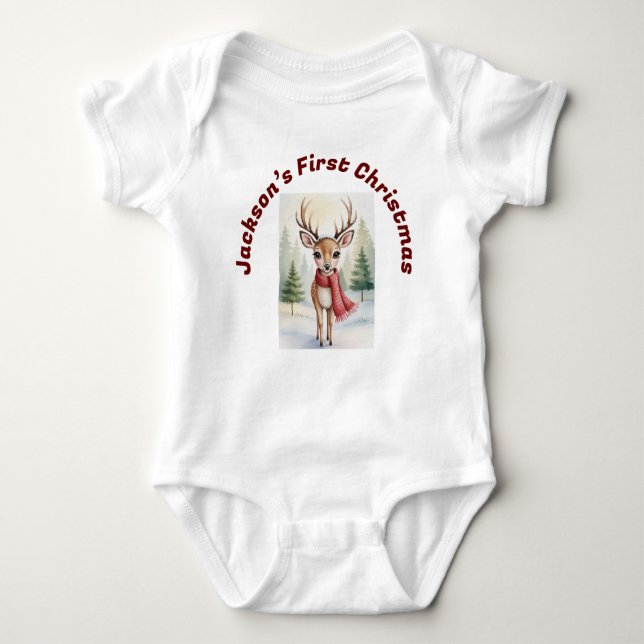 Personalized “Baby’s First Christmas”, Xmas Deer Baby Bodysuit (Front)