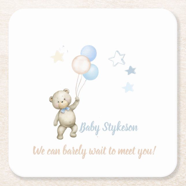 Personalized Baby Shower Coasters Teddy Bear Blue (Front)