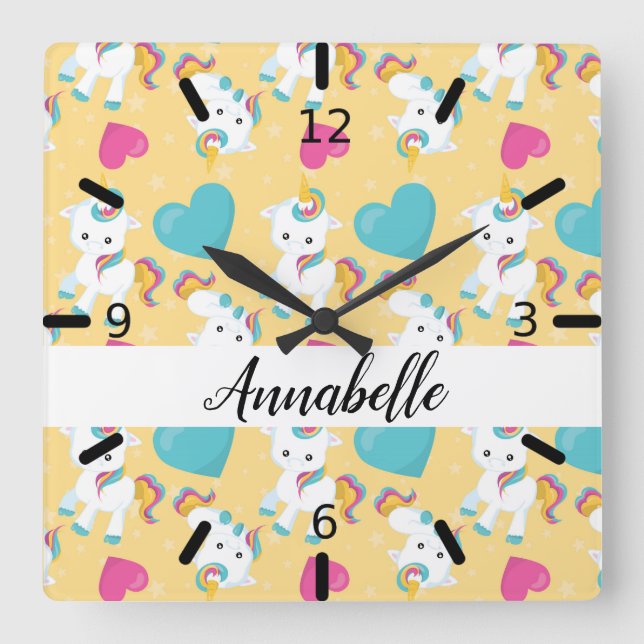 Personalized Baby Unicorns & Hearts Square Wall Clock (Front)