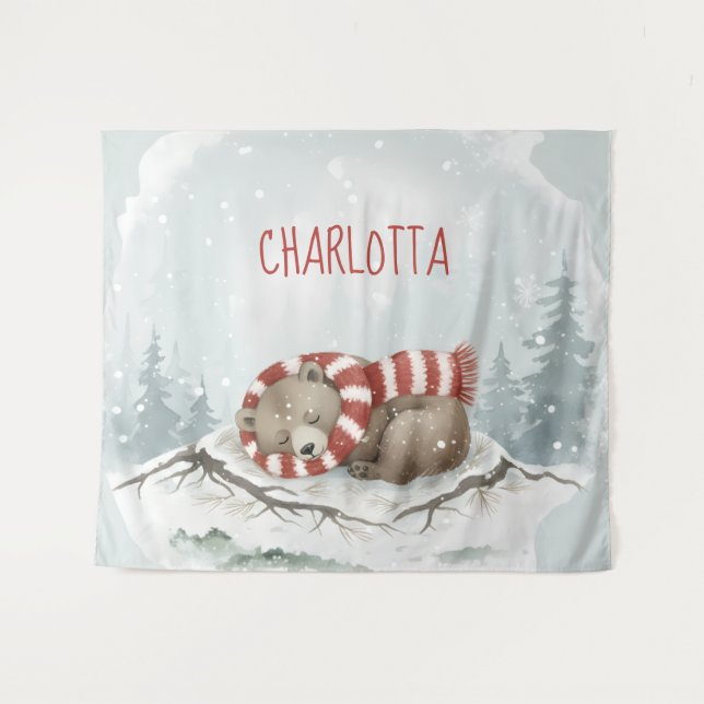 Personalized Baby Wall Art, Sleeping Bear Nursery  Tapestry (Front (Horizontal))