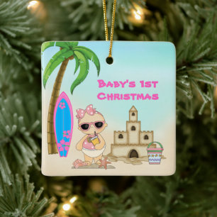 Personalized Baby's 1st Christmas Girl's Beach Ceramic Ornament