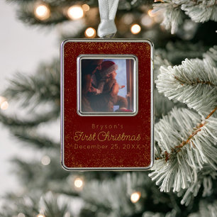 Personalized Baby's First Christmas Glitter Photo  Silver Plated Framed Ornament