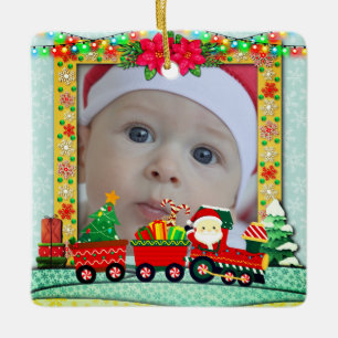 Personalized Baby's First Christmas Photo Train Ceramic Ornament