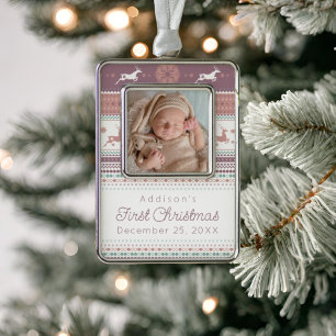 Personalized Baby's First Christmas Pink Reindeer Silver Plated Framed Ornament