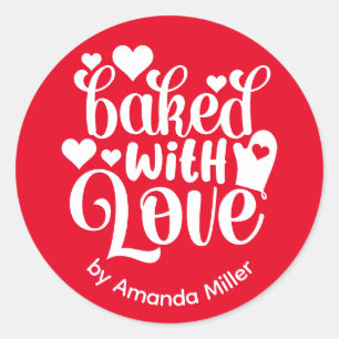Personalized Baked With Love Red Baking Classic Round Sticker