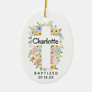 Personalized Baptism Girl Floral Cross Two Sides  Ceramic Ornament
