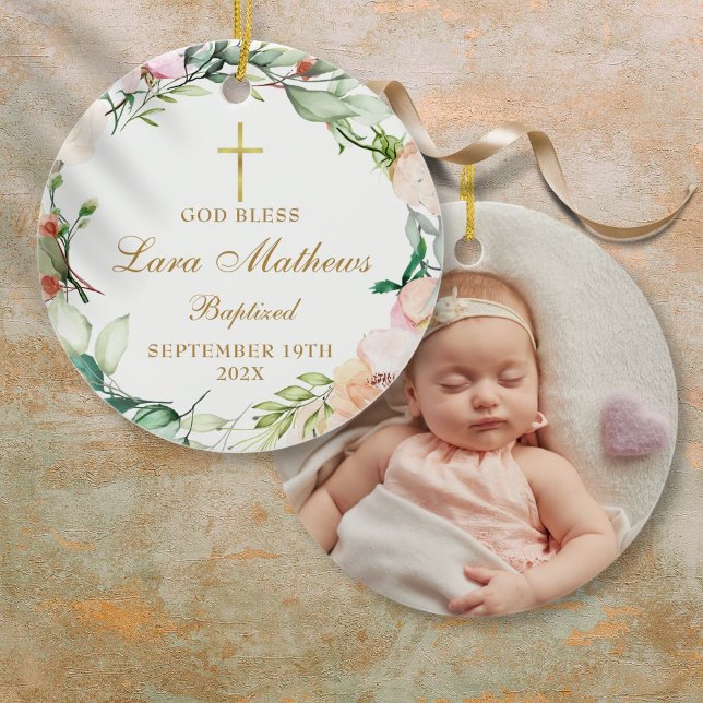 Personalized Baptism Photo Roses Floral Ceramic Ornament (Personalized Boy Girl Baptism Photo Roses Floral Ceramic Ornament)