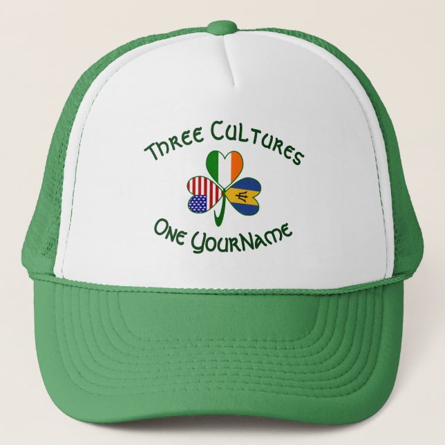 Personalized Barbados Ireland USA Shamrock Flag Trucker Hat (Front)