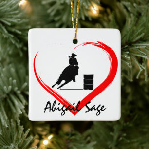 Personalized Barrel Racing Horse n Heart Christmas Ceramic Ornament