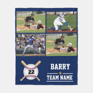 Personalized Baseball 4 Photo Collage Name Team Fleece Blanket