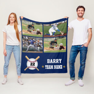 Personalized Baseball 4 Photo Collage Name Team Fleece Blanket
