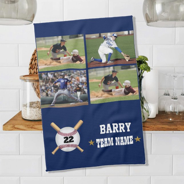Personalized Baseball 4 Photo Collage Name Team Tea Towel (Creator Uploaded)