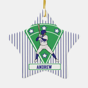 Personalized Baseball Batter Star Blue Ceramic Tree Decoration