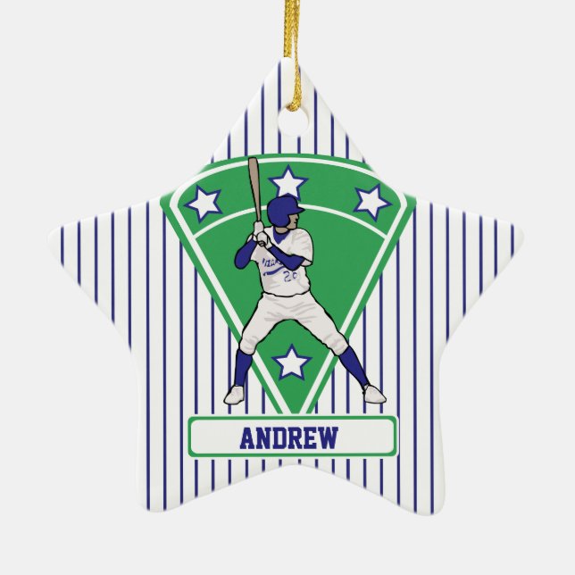 Personalized Baseball Batter Star Blue Ceramic Tree Decoration (Back)