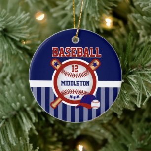Personalized Baseball   Dark Blue and Red Ceramic Ornament