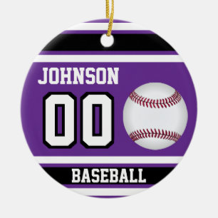 Personalized Baseball Purple, White and Black Ceramic Ornament