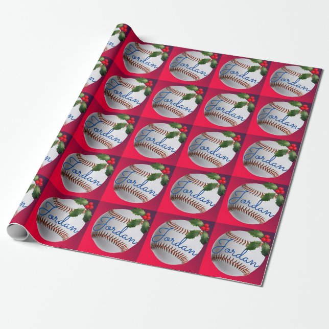 Personalized Baseball Sports Christmas Holiday Wrapping Paper (Unrolled)