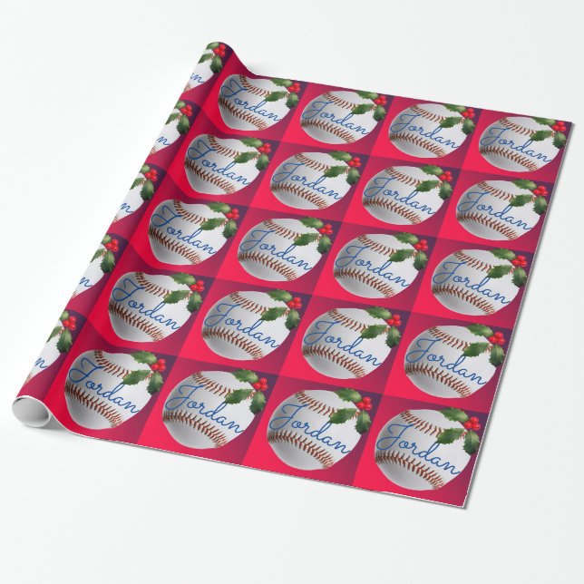 Personalized Baseball Sports Christmas Wrapping Paper (Unrolled)