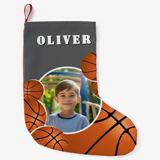Personalized Basketball Ball Football Boy Photo  Small Christmas Stocking (Front)