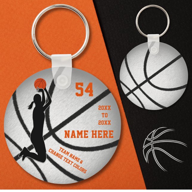 Personalized Basketball Keychains with Orange Text (Cheap Basketball Team Gifts for Girls. Basketball party favors. Basketball novelties and Trinkets.)