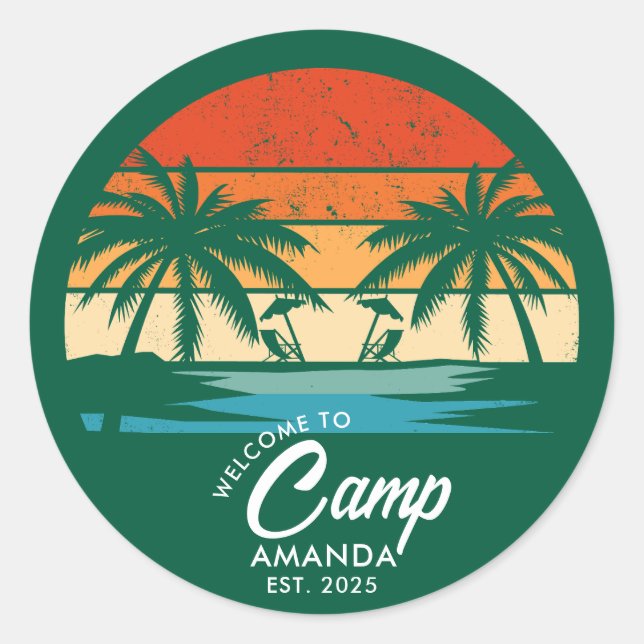 Personalized Beach Camp Bachelorette Party Custom Classic Round Sticker (Front)