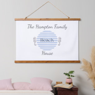 Personalized Beach House, Blue Coastal Stripe Hanging Tapestry
