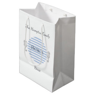 Personalized Beach House, Blue Coastal Stripe Medium Gift Bag