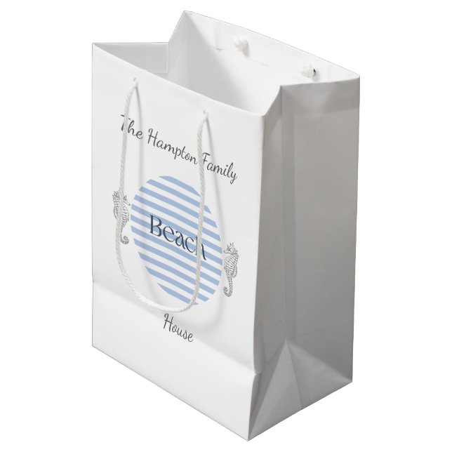 Personalized Beach House, Blue Coastal Stripe  Medium Gift Bag (Front Angled)