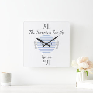 Personalized Beach House, Blue Coastal Stripe Square Wall Clock