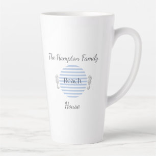 Personalized Beach House Mug, Blue Coastal Stripe Latte Mug