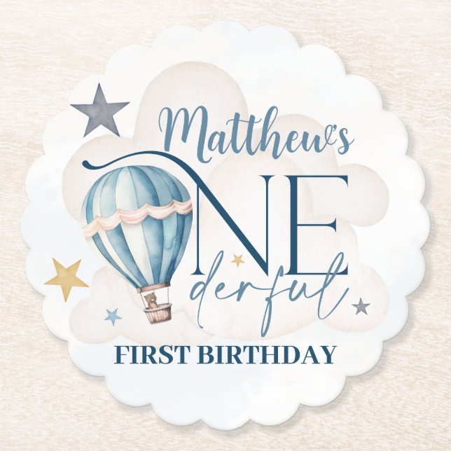 Personalized Bear in a Balloon Paper Coasters (Front)