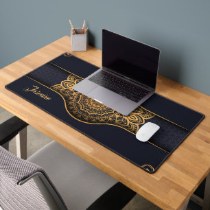 Personalized Beautiful Black Gold Floral Mandala Desk Mat