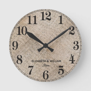 Personalized Beige Faux Linen Round Clock