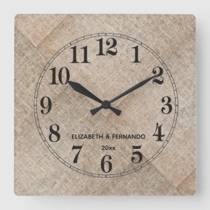 Personalized Beige Faux Linen Square Wall Clock