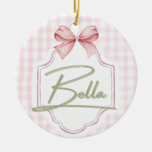 Personalized Bella Baby Girl Nursery Bow&Gingham Ceramic Ornament