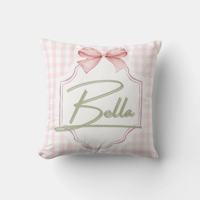 Personalized Bella Baby Girl Nursery Bow&Gingham Cushion (Front)