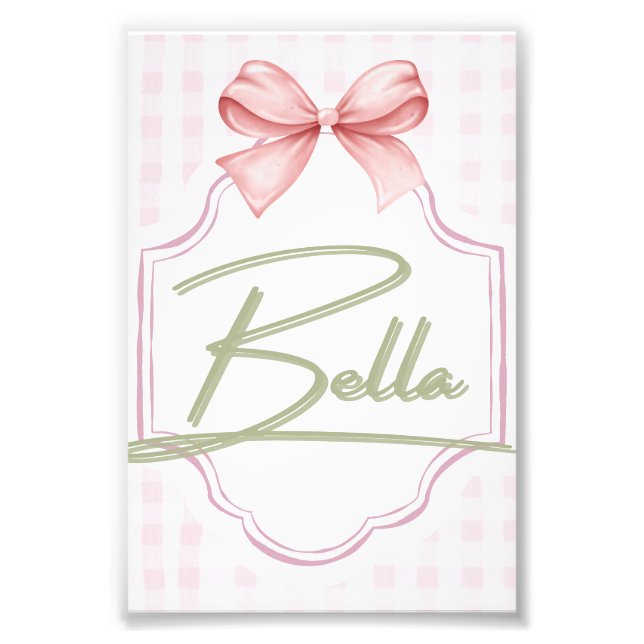 Personalized Bella Baby Girl Nursery Bow&Gingham Photo Print (Front)