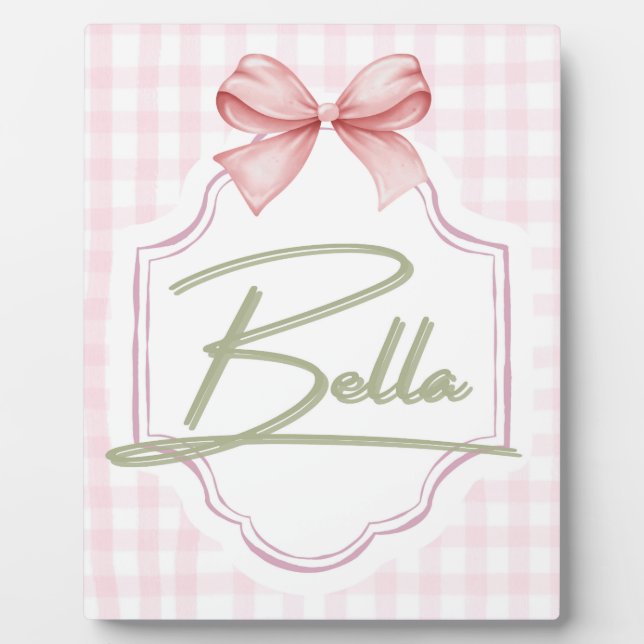 Personalized Bella Baby Girl Nursery Bow&Gingham Plaque (Front)