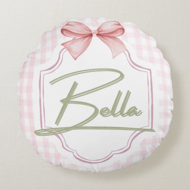 Personalized Bella Baby Girl Nursery Bow&Gingham Round Cushion (Front)