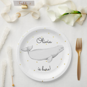 Personalized Beluga Whale New Baby Shower Paper Plate