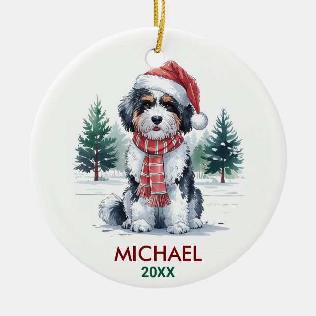 Personalized Bernedoodle Dog Christmas Ceramic Ornament (Front)