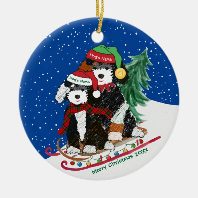 Personalized Bernedoodles Decorated Christmas Sled Ceramic Ornament (Front)