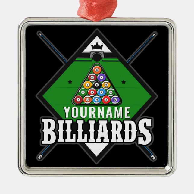 Personalized Billiards NAME Cue Rack Pool Room  Metal Ornament (Front)