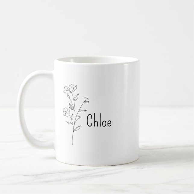 Personalized Birth Flower Ceramic Mug, Custom name Coffee Mug (Left)