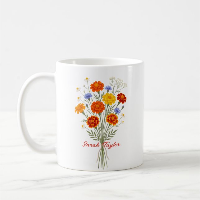Personalized Birth Flower Marigold Custom Coffee Mug (Left)