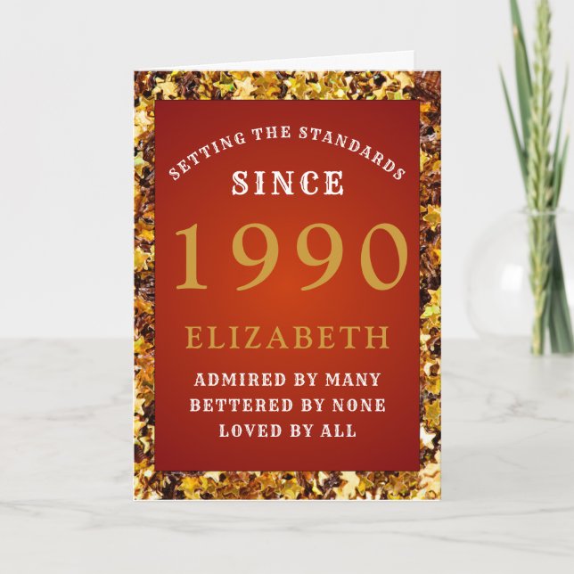 Personalized Birthday 1990 Red Gold Add Your Name Card (Front)