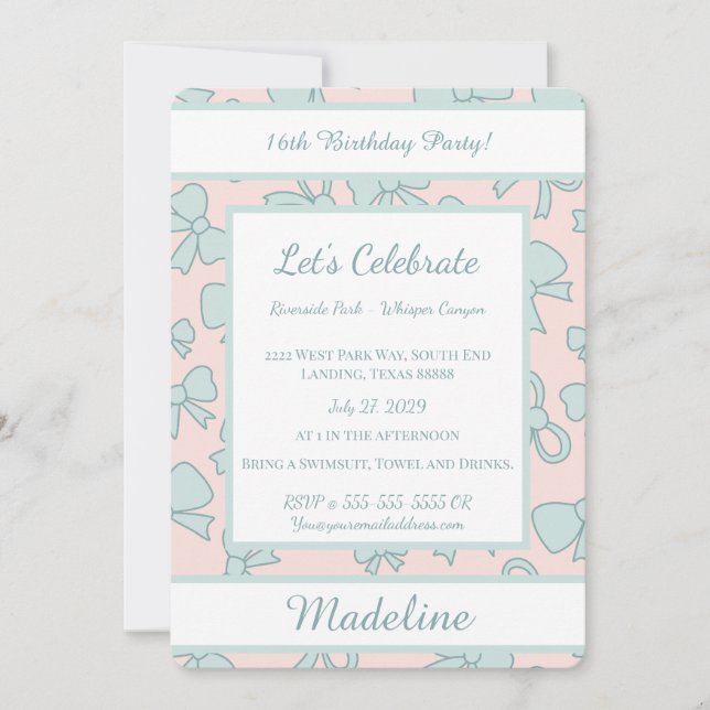 Personalized Birthday Blue Bow Sweet Invitation (Front)