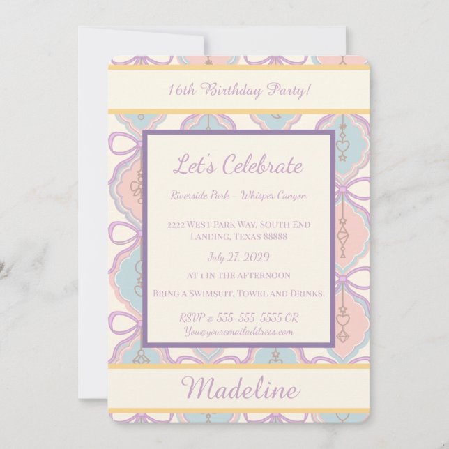 Personalized Birthday Bow Sweet Invitation Blush (Front)