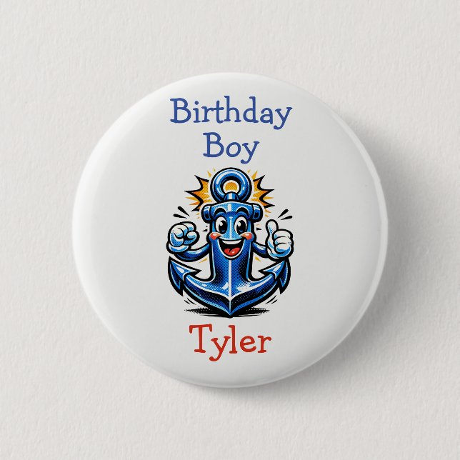 Personalized Birthday Boy Pop Art Anchor 6 Cm Round Badge (Front)